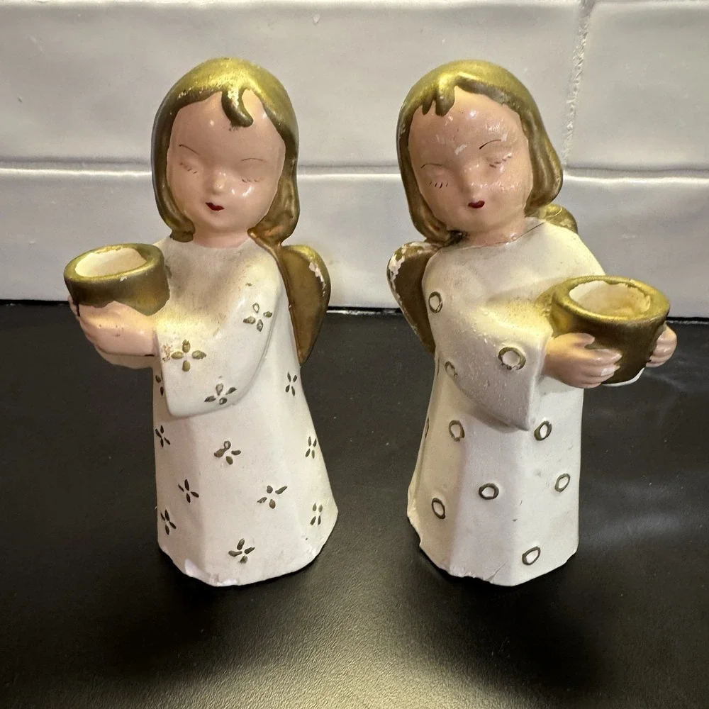 Vintage 2 MCM Christmas Holiday Decor Angel Figurine Gold Chalkware SEE PICS‎